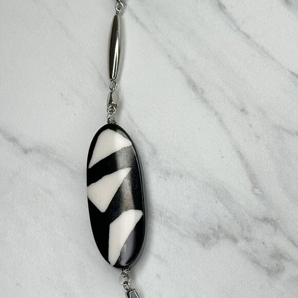 Chicos Black White Geometric Beaded Long Silver Chain Necklace 46" ✨ - Picture 7 of 9